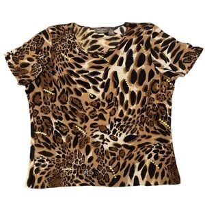 3/$15 Vintage Embellished Cheetah Print Short Sleeve Top Beaded Sequins Women 2X